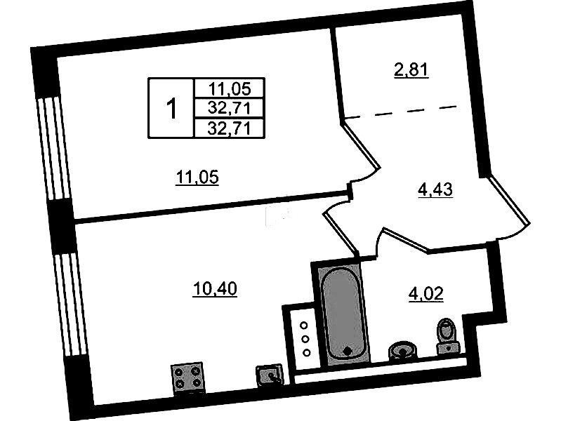 1-комнатная квартира 32.71 м², 4/11 эт., ЖК «Квартал Лаголово»